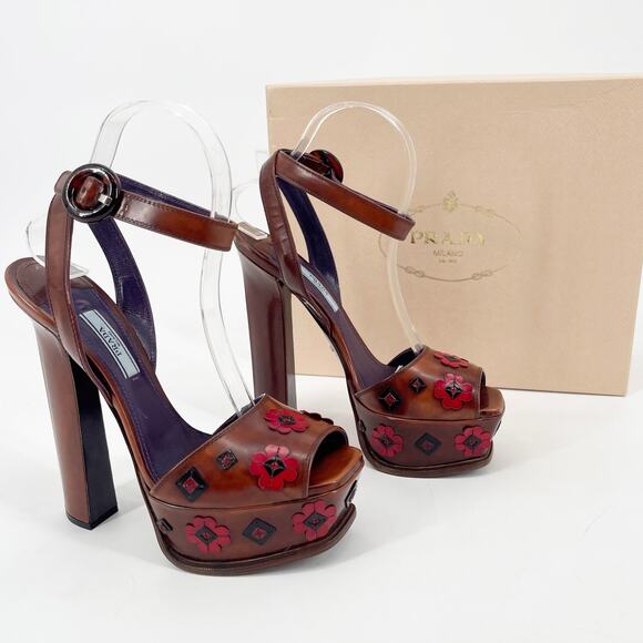 Prada Tobacco Brown Leather Floral Platform Ankle Strap High Heel Sandals IT 38 - Picture 1 of 14